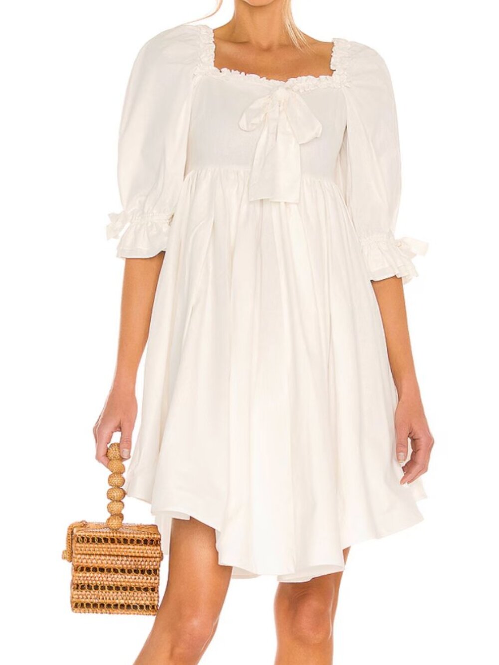 Selkie Ivory Bow-Front Puff Sleeve Midi Dress